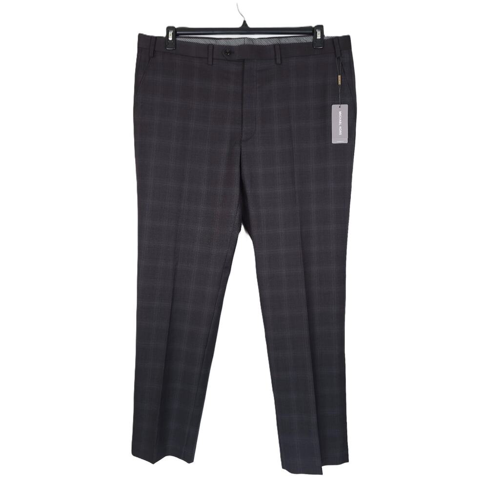 Michael Kors Mens Classic Fit Suit Pants 44x32 Charcoal Brown Plaid Stretch Wool - Picture 2 of 10